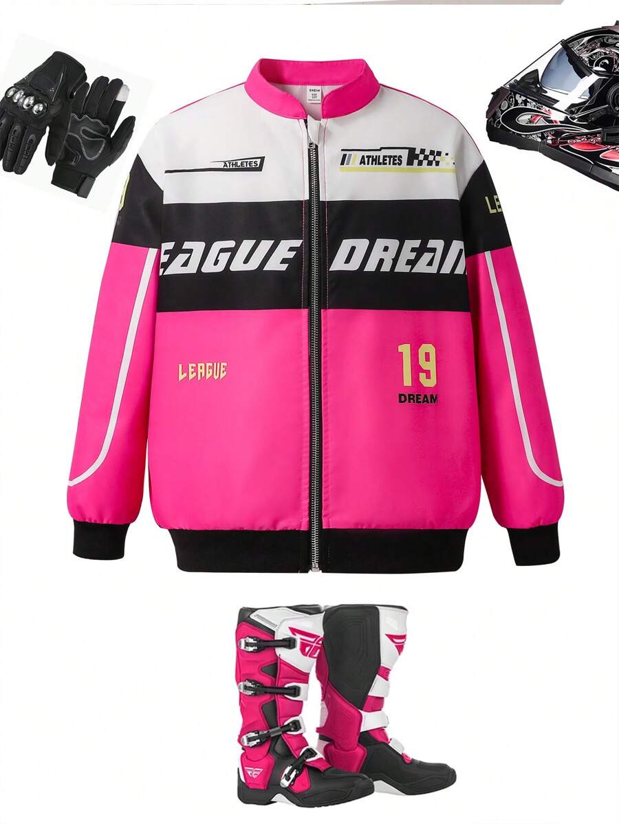 SHEIN Tween Girls Red And Black Letter Print Stand Collar Contrast Color Loose Bomber Jacket - Hot Pink - View 1