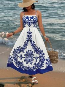 SHEIN Clasi Plus Size Floral A-Line Beach Vacation Dress With Tie Straps - Multicolor - View 8