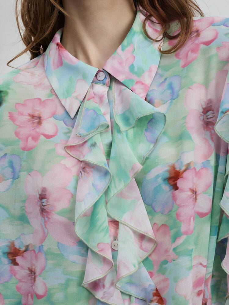 SHEIN Maija Camisa Casual & Empresarial Feminina com Estampa Floral e Babados, Camisa Folgada de Manga Curta com Colarinho, Moda Elegante e Romântica Moderna da Cidade, Macia e Confortável, Cor Rosa e Verde
