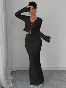 Elenzga 2pcs Set: Textured Lace-Up Long Sleeve Top And A-Line Skirt, Minimalist & Fashionable, Suitable For Summer Fall Cloth For Women - Black - View 1