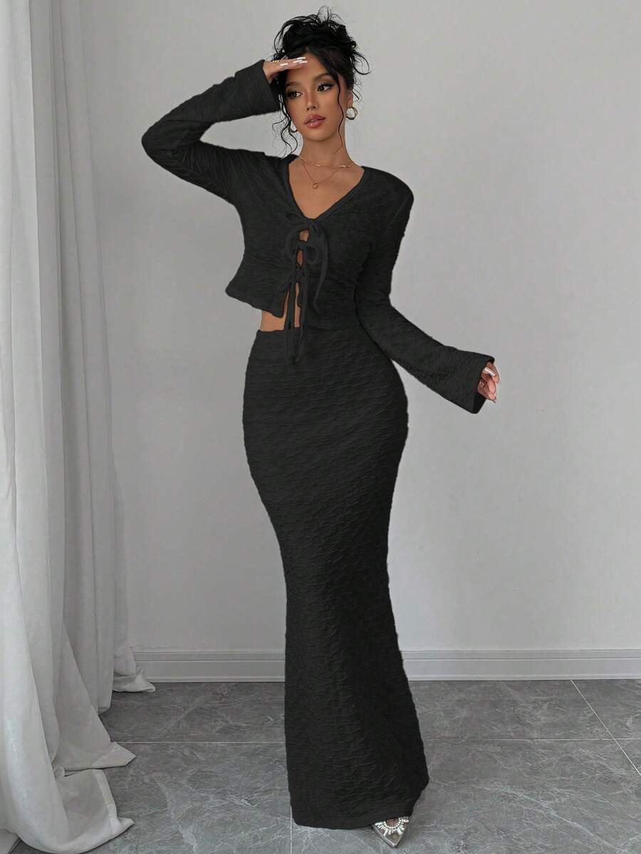 Elenzga 2pcs Set: Textured Lace-Up Long Sleeve Top And A-Line Skirt, Minimalist & Fashionable, Suitable For Summer Fall Cloth For Women - Black - View 1