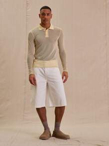 Musero Long Sleeve Fitted Button Up Collared Sheer Polo Style Seam Detail Top Spring Summer Essentials - Apricot - View 5