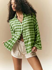 Poéselle Women's Tie-Dye Drop Shoulder Long Sleeve Single Button Casual Shirt - Green - View 6