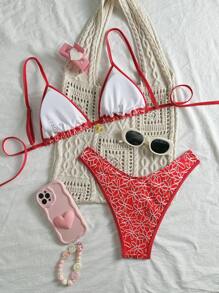 SHEIN Swim Bộ 2 món/Bộ đồ bơi nữ vải họa tiết hoa bãi biển mùa hè hoa vàng và quần bikini dây mảnh xẻ cao, đồ tắm, trang phục đi nghỉ - Đỏ - Xem 2