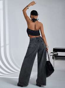 SHEIN Cottnline 100% Cotton WOMEN LOW RISE WIDELEG FIT DARK GREY Y2K STYLE BAGGY JEANS - Grey - View 2