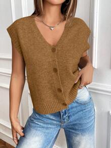 Chiquease Women's Casual Minimalist Solid Color Single-Breasted Knitted Vest - Brown - View 4