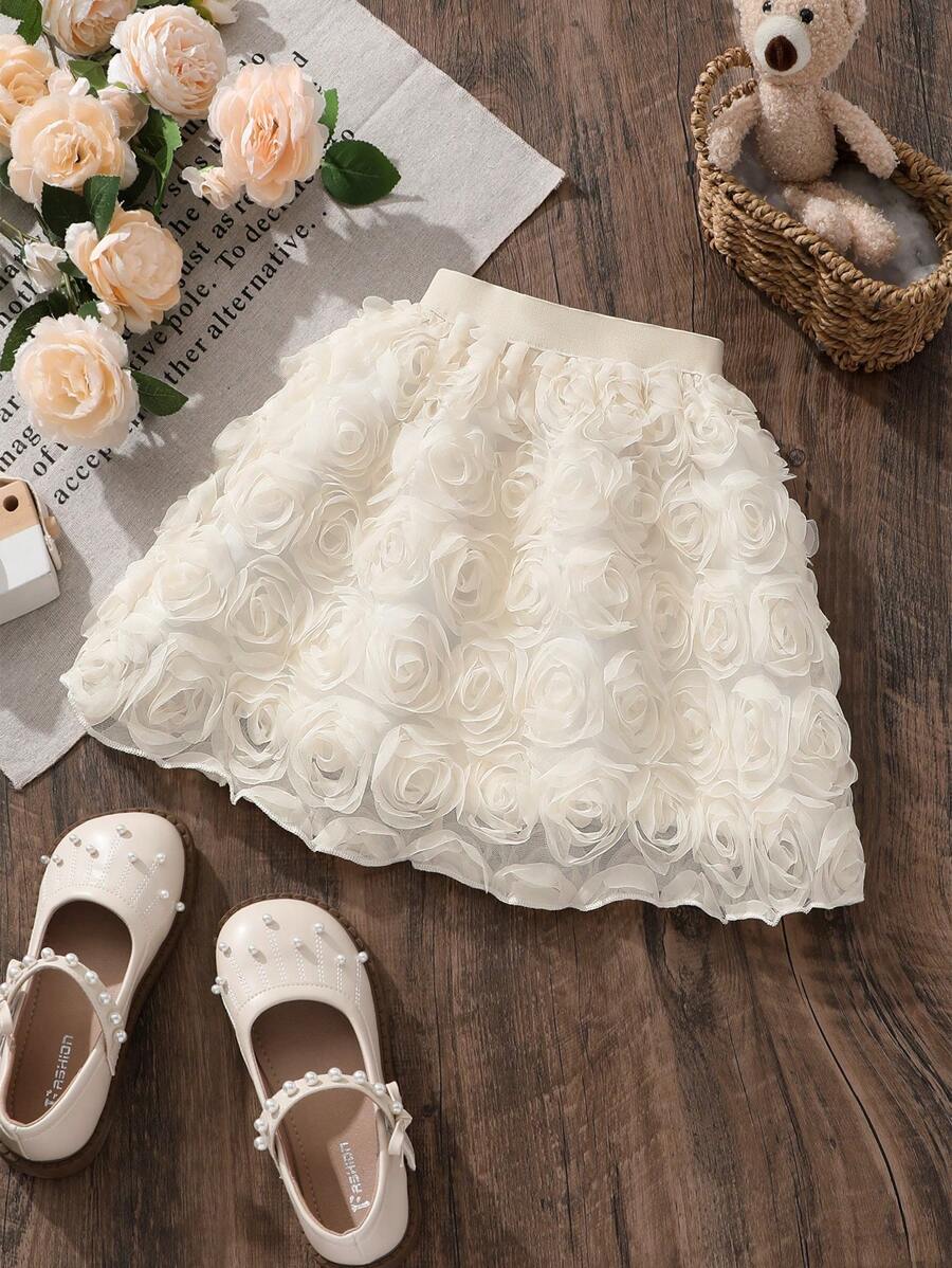 Young Girl' Solid Color 3D Flower Decor Elegant Short Skirt, Summer - Apricot - View 1