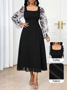 SHEIN Lady Abito lungo floreale elegante da donna in stile resort, in chiffon stampato, completo estivo per donna, abito da donna elegante per Pasqua, stile boho europeo, elegante abito casual da donna per vacanze estive, abito da donna casual per Pasqua, abaya donna per vacanze - nero - Visualizzare 1