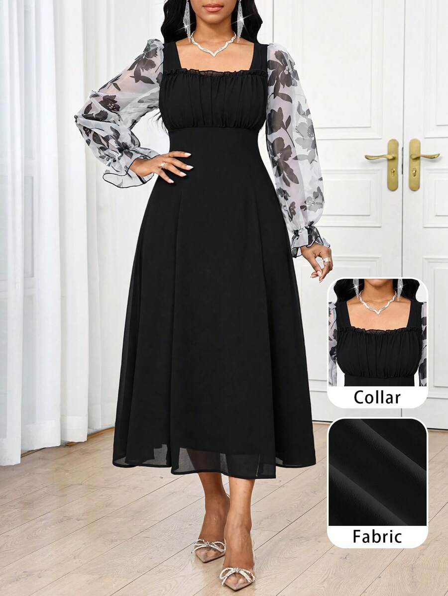 SHEIN Lady Abito lungo floreale elegante da donna in stile resort, in chiffon stampato, completo estivo per donna, abito da donna elegante per Pasqua, stile boho europeo, elegante abito casual da donna per vacanze estive, abito da donna casual per Pasqua, abaya donna per vacanze - nero - Visualizzare 1