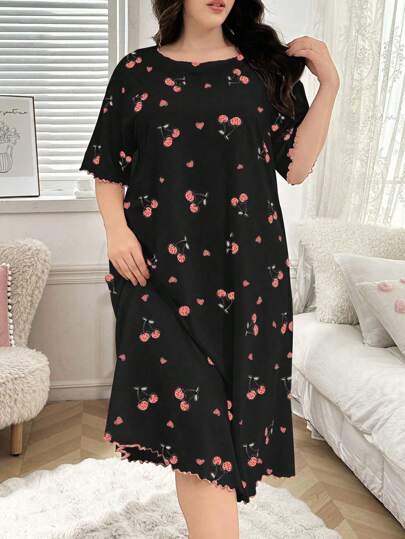 SHEIN Plus Size Women Cherry Print Round Neck Short Sleeve Nightgown, Moo Moo Sleep Dress