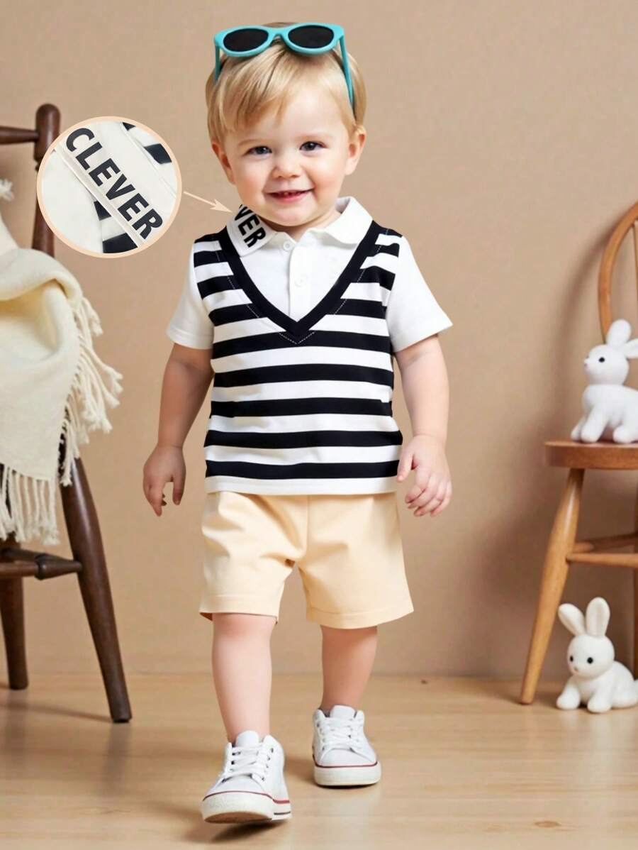 2 件装幼儿婴儿男孩字母印花黑白条纹短袖亨利式 Polo 衫和卡其色短裤休闲套装，夏季，6 个月至 3 岁 - 黑與白 - 查看 1