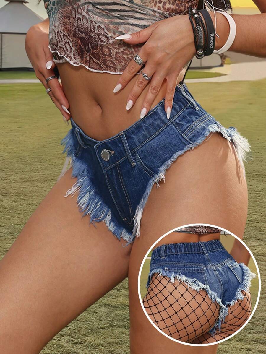 SHEIN PETITE Quần short denim bó sát cạp trễ gợi cảm dành cho nữ, Mùa hè dành cho nữ, Quần short dành cho nữ, Quần short jeans cạp trễ, Lễ hội Rave, Nữ cao bồi dành cho nữ, Câu lạc bộ gợi cảm dành cho nữ, Rave, Hòa nhạc đồng quê, Thời trang đường phố dành cho nữ, Phụ nữ nghỉ dưỡng nhiệt đới, Gyaru - Rửa trung bình - Xem 1