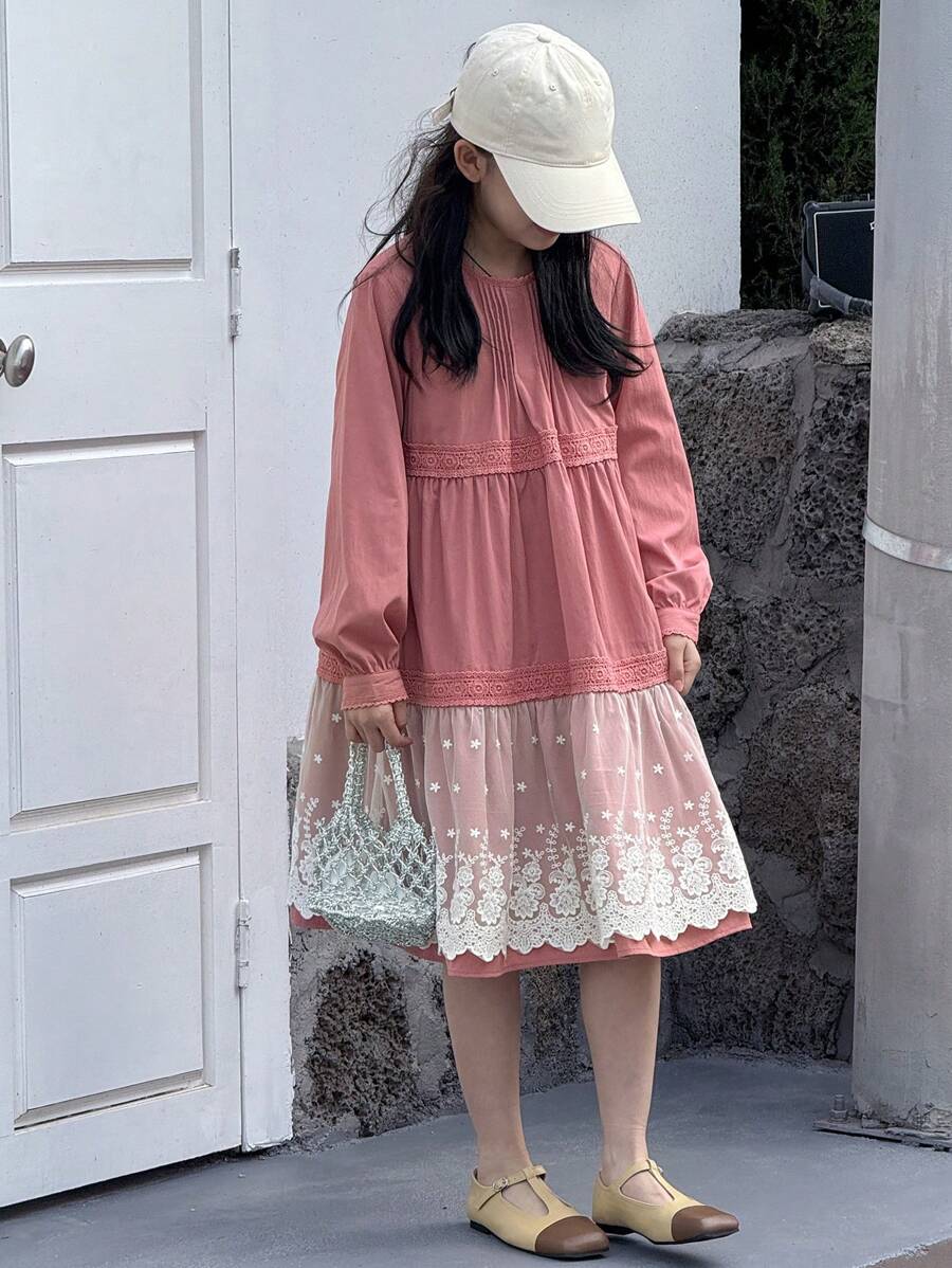DAZY Mid-Length A-Line Lace Patchwork Solid Color Princess Round Neck Long Sleeve Tween Girl Dress - Red - View 1