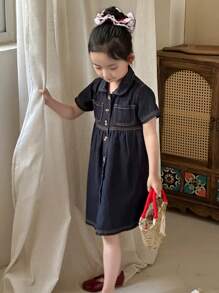 DAZY Girls' Natural Color Denim Collared Dress, Young Girl Fall Clothes - Royal Blue - View 6