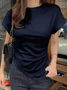 DAZY Women's Form-Fitting Asymmetric Hem Cinched-Waist T-Shirt Summer - Navy Blue - View 5
