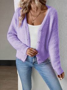 Ellegaria. 女士纯色长袖单排扣貂毛短款开衫 - 紫色 - 查看 6