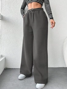 RueChic Cotton Ladies' Solid Color Drawstring Waist Wide-Legged Workout Pants - Grey - View 3