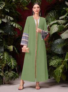 Al Najma Women's Modest Maxi Abaya Dress: Elegant Green Woven Fabric With Long Sleeves, Round Neck, And Ornate Tape Details,Robe - Green - View 1
