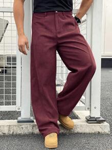 Manfinity Homme American Corduroy Straight Leg Cargo Pants For Men, Casual Baggy Chic Style, High Quality Wide Leg Men Pants Clothes For Men Men Pants - Burgundy - View 5