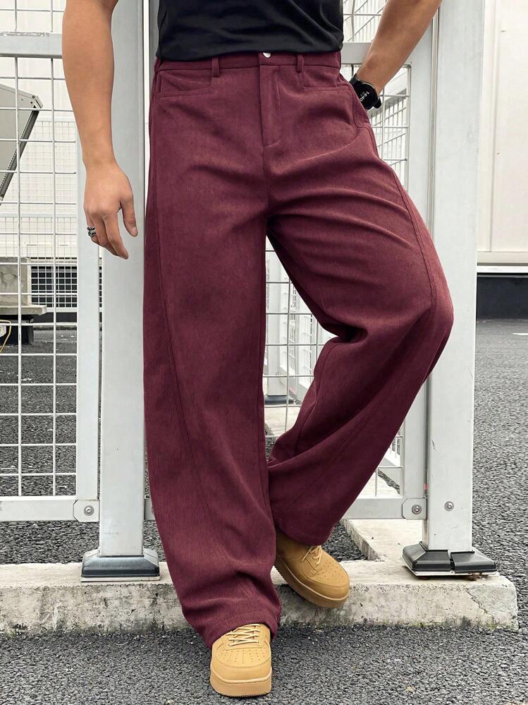 Manfinity Homme American Corduroy Straight Leg Cargo Pants For Men, Casual Baggy Chic Style, High Quality Wide Leg Men Pants Clothes For Men Men Pants - Burgundy - View 5