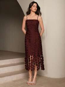 Anewsta 女士优雅针织细肩带连衣裙，可溶蕾丝，安哥拉面料，酒红色，适合春夏季、派对、节日