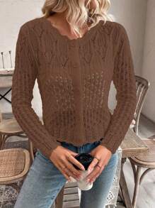 EMERY ROSE Women's Round Neck Hollow Front Button Cardigan Knitted Sweater Jacket, Autumn/Winter Fall Cloth For Women - Coffee Brown - View 7