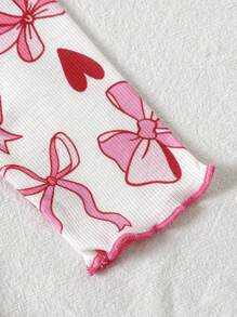 SHEIN 2 件套女婴幼儿 0-3 岁新品，可爱甜美休闲日常图案蝴蝶结罗纹针织圆领长袖修身 T 恤上衣和紧身裤，适合家居穿着 - 彩色 - 查看 7