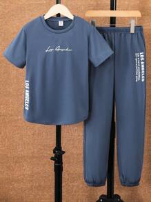 SHEIN Mirajuku Tween Boys Casual Short Sleeve T-Shirt And Pants Co-Ord Set - Navy Blue - View 3