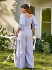 KURAYIA Plus Size Square Neck Wide Leg Loose Belted Jumpsuit, Vacation Wear - Purple - View 2