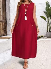 EMERY ROSE Plus Size Women Solid Color Sleeveless Casual Shift Dress With Pockets,Spring/Summer/Vacation - Burgundy - View 4