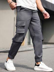Manfinity Homme 男士大尺碼純色簡約休閒長褲，適合夏季與秋季，深灰色，街頭風登山褲 - 深灰色 - 查看 1