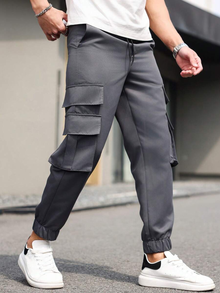 Manfinity Homme 男士大尺碼純色簡約休閒長褲，適合夏季與秋季，深灰色，街頭風登山褲 - 深灰色 - 查看 1