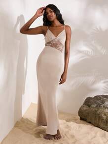 Opulessa Elegant Solid Color V-Neck Splicing Lace Backless Cami Maxi Dress - Champagne - View 4