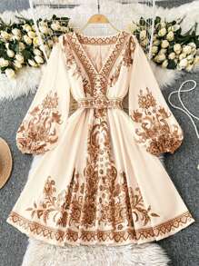 SHEIN LUNE Court Retro  Plus Size V-Neck Lantern Sleeve A-Line Knee Length Vacation Party Dress - Apricot - View 1