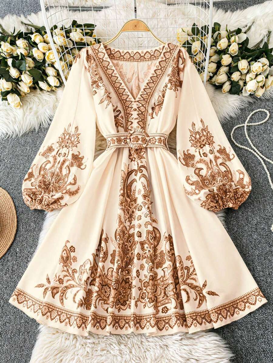 SHEIN LUNE Court Retro Plus Size V-Neck Lantern Sleeve A-Line Knee Length Vacation Party Dress - Apricot - View 1