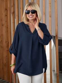 EMERY ROSE Áo cánh thường ngày tay cuộn cổ chữ V màu trơn cỡ lớn cho nữ - Màu xanh hải quân - Xem 6