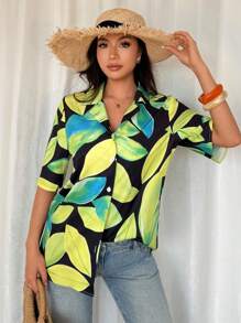 Breezaya 女士热带植物叶印花度假衬衫 - 綠色 - 查看 6