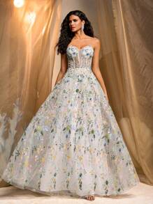 Glamrae 优雅多色浪漫华丽定位网眼刺绣管（可拆卸）灯笼长袖超大 A 字裙，配有可调节肩带，适合约会、海滩度假、生日、成人仪式、派对、毕业返校季、婚礼活动、婚礼宾客、晚宴舞会礼服、正式礼服、晚礼服、礼服 - 彩色 - 查看 3