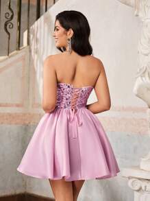 Lovelzi Elegant, romantisch, lief, waardig, lente en zomer, roze paillettenstof, satijnen stiksels, geplooide borstvormige buisjurk, A-lijn korte jurk, geschikt voor verjaardagsfeestjes, muziekfestivals, vakanties, bruiloftsgasten, afstudeerjurken, thuiskomstfeesten, galajurken, feestjurken