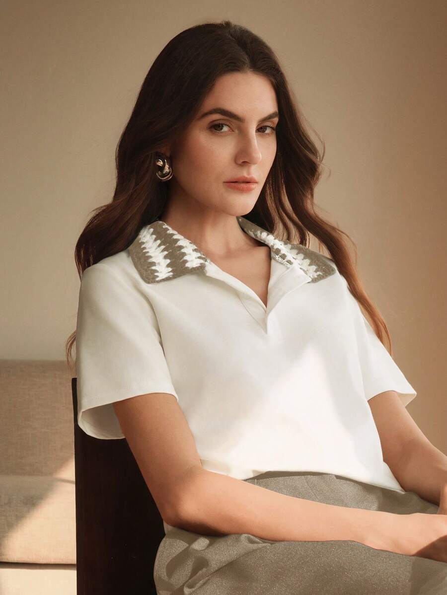 Anewsta Áo len viền ren phối màu thanh lịch, trang phục công sở thường ngày và trang trọng dành cho nữ - Lạc đà - Xem 1