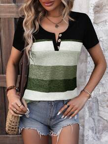 EMERY ROSE Women's Color Block Henley Neck Short Sleeve T-Shirt Graphic Tees Women Tops