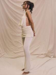 MUSERA Draped Halter Neck Textured Knit Tie Back Skirt Overlay Jumpsuit Summer Holiday Cute Soft Serve Ibiza
