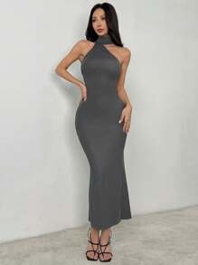 SHEIN PETITE 纯色挂脖露背紧身连衣裙 - 灰色 - 查看 7