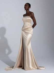 Elitara Váy suông dài màu sâm panh sang trọng, thanh lịch và lộng lẫy, chất liệu satin cao cấp, kim cương thủ công, không dây, xếp ly, đuôi cá xẻ tà gợi cảm, có tua rua và viền váy xòe, thích hợp cho các buổi hẹn hò, tiệc đơn, tiệc cocktail, lễ tốt nghiệp, tiệc tối, tiệc cưới, dạ hội - Rượu sâm banh - Xem 5