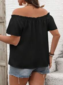 SHEIN VCAY Blusa informal de manga corta hombros descubiertos de unicolor para mujer en tallas grandes - Negro - Ver 2