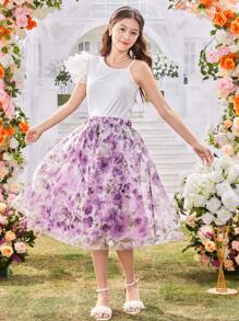 2pcs/Set Elegant Purple Ditsy Floral Sleeveless Top And Mini Skirt Set, Fashion Design For Teens - White - View 6