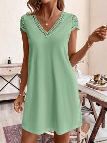 SHEIN Frenchy Solid Color Splicing Water Soluble Dante Loose Fit Rochie Rochie de vara, Rochie de soare, Boho, Rochie florala, Tinute de vara, Rochie casual, Rochie eleganta
