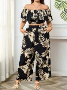 Breezaya Women's Tropical Print Cold Shoulder Top With Ruffle Hem And Wide Leg Pants Set - Black - View 4