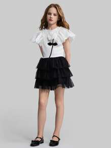 Ontre Minimalistisches, vielseitiges Mode-Top für Tween-Mädchen für die Hochzeitssaison, elastisches, figurbetontes T-Shirt mit Rundhalsausschnitt, kurzen Puffärmeln und mehrlagigem Blumendekor für lässiges Tragen im Freien und drinnen, Frühling/Sommer - Weiss - Übersicht 3