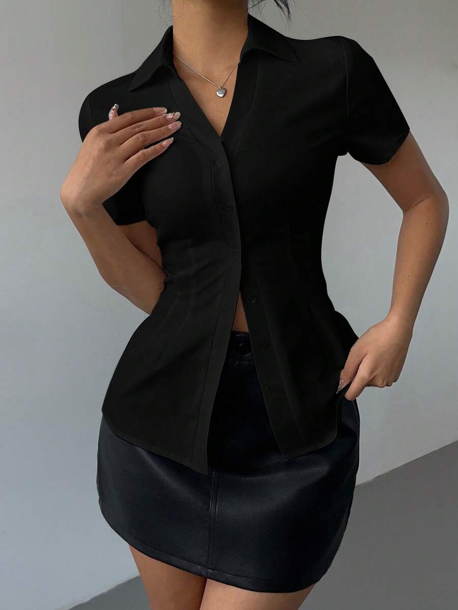 Siren Gaze 女士纽扣褶皱修身优雅纯色衬衫、白衬衫、女士商务休闲装、办公室警笛衬衫、情人节约会上衣、白领衬衫